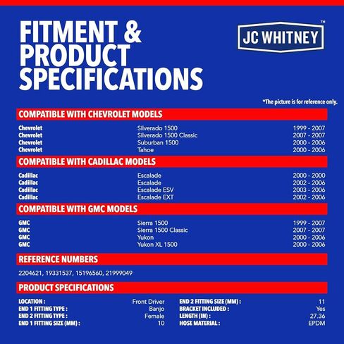 JC Whitney JFBAJCWBHH00037 خرطوم هيدروليكي للفرامل الأمامية اليسرى - متوافق مع شيفروليه سيلفرادو 1500 جي إم سي سييرا 1500 99-07، تاهو يوكون ويوكون XL 1500 00-06، كاديلاك إسكاليد 2000 - معتمد من وزارة النقل in Kuwait