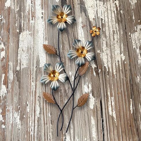 Sintosin Hanging Small Metal Flower Wall Art Decor 6 X 15 Inches, Farmhouse Gold and Black Floral Metal Wall Art for Bedroom, Unique Silver Wall Decor Living Room Entryway Hallway Kitchen Outdoor in Saudi Arabia