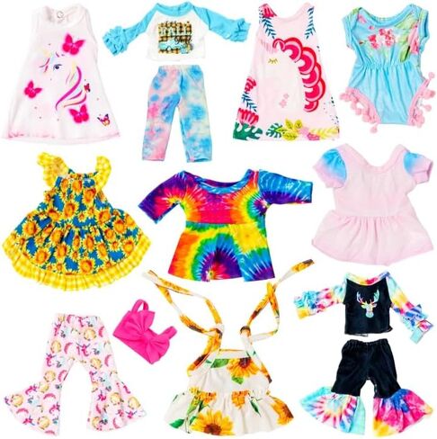 ECORELF 10Pcs Baby Doll Clothes & Accessories - Including Dresses, T-Shirts, Pants, Jumpsuit, Bell-Bottomed Pants for Kids Girls Gift 12 Inch Doll Random Style in Saudi Arabia