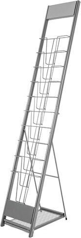 10-Tier Floor Standing Magazine Rack, Silver-Gray Iron Literature Stand with Foldable Base, 110 lbs Capacity for Books, Brochures, and Documents - Easy Assembly and Modern Design in Saudi Arabia