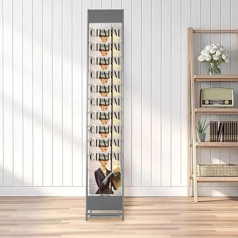 10-Tier Floor Standing Magazine Rack, Silver-Gray Iron Literature Stand with Foldable Base, 110 lbs Capacity for Books, Brochures, and Documents - Easy Assembly and Modern Design in Saudi Arabia