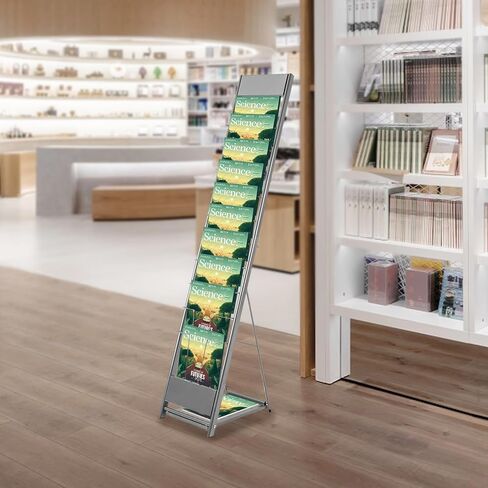 10-Tier Floor Standing Magazine Rack, Silver-Gray Iron Literature Stand with Foldable Base, 110 lbs Capacity for Books, Brochures, and Documents - Easy Assembly and Modern Design in Saudi Arabia