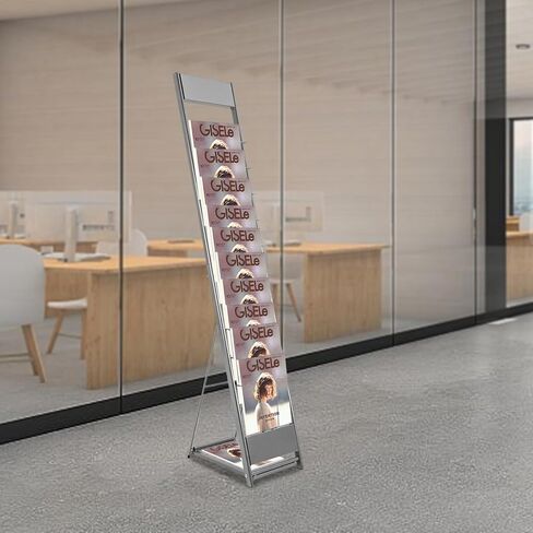 10-Tier Floor Standing Magazine Rack, Silver-Gray Iron Literature Stand with Foldable Base, 110 lbs Capacity for Books, Brochures, and Documents - Easy Assembly and Modern Design in Saudi Arabia