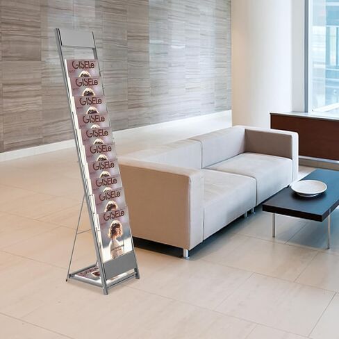 10-Tier Floor Standing Magazine Rack, Silver-Gray Iron Literature Stand with Foldable Base, 110 lbs Capacity for Books, Brochures, and Documents - Easy Assembly and Modern Design in Saudi Arabia