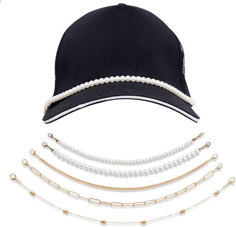 5 Pcs Trucker Hat Chains for Men Women, Gold & Pearl Detachable Hat Bill Chains, DIY Baseball Cap Accessories, Fashionable Hat Charms for Mesh Caps in Kuwait