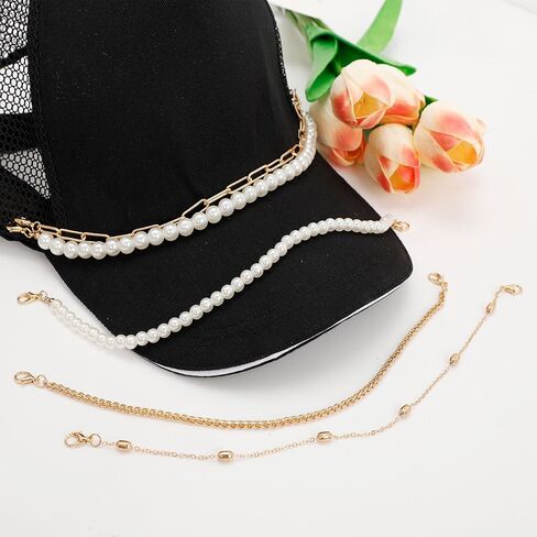 5 Pcs Trucker Hat Chains for Men Women, Gold & Pearl Detachable Hat Bill Chains, DIY Baseball Cap Accessories, Fashionable Hat Charms for Mesh Caps in Kuwait