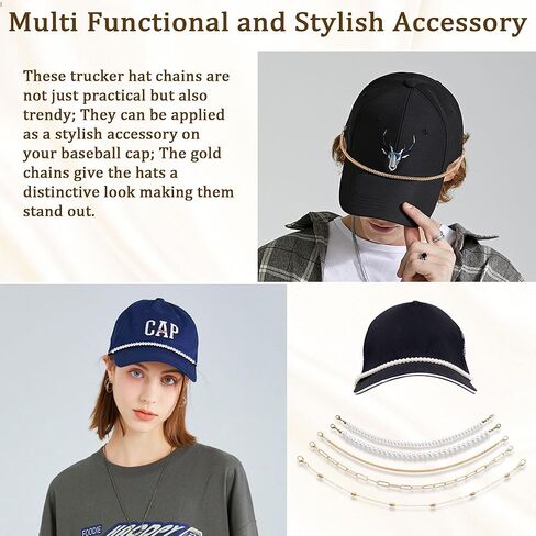 5 Pcs Trucker Hat Chains for Men Women, Gold & Pearl Detachable Hat Bill Chains, DIY Baseball Cap Accessories, Fashionable Hat Charms for Mesh Caps in Kuwait
