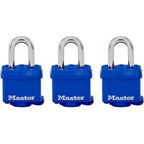 Master Lock 312TRI Laminated Padlock with Key & Thermoplastic Shell, Blue, Pack of 3 Keyed-Alike