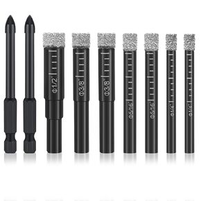 Coolrunner 9 Pieces Diamond Drill Bits Set, Tile Drill bits Ceramic Diamond, Core Drill Bits for Hard Materials, Built-in Integrated Coolant for Core Fast Dry Drilling, Sizes 1/2'' 3/8'' 5/16'' 1/4''