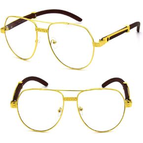 For Men's Gold Color Wood Effect Metal Frames Vintage Style Retro Eye Clear Lens Glasses in Kuwait
