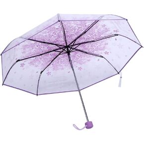 POCREATION Transparent Folding Umbrella, 1PC Transparent Folding Umbrella Fashionable Princess Umbrella Cherry Blossom for Girls Boys Students(Light Purple)