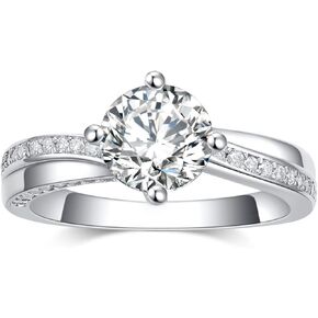 1.9 Carat Round Cut Moissanite Engagement Rings for Women in 14k White Gold Plated Silver Ring (D Color, VVS, cttw) Anniversary Promise Ring Size 6-9