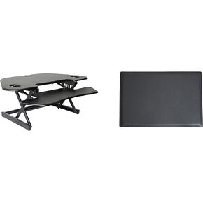 Rocelco 46" Height Adjustable Corner Standing Desk Converter with AC Outlet USB Charger and Anti-Fatigue Floor Mat - Sit Stand Up Tabletop Riser - Keyboard Tray - Black (R CADRB-46-ACUSB-MAFM)