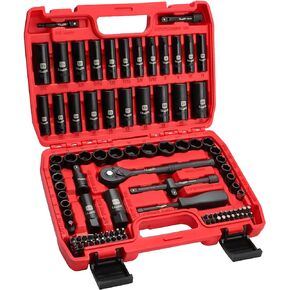 3/8" Drive Impact Socket Set 95Pcs, Spark Plug Socket (5/8", 13/16"), 6 Point Metric & SAE from 5/16"- 3/4", 8-22mm, CR-V Deep & Shallow Kit with Quick Release Ratchet (72-Tooth) for Home & DIY