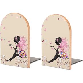 Flower Fairy Girl with Pink Wing Elves Butterflies Wood Bookends Decorative Bookend Non-Skid Office Book Stand for Books Office Files Magazine