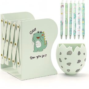 Adjustable Dinosaur Bookends,with Egg Modeling Magnetic Pencil Holder and 6 Pcs Gel Ink Pen,Metal Dino Book Organizer for Boys Girls Kids Room,Shelves,Book Stoppers to Hold Books Heavy Duty