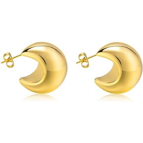Huggie Chunky Open Hoop Earrings for Women Girls 14K Gold Plated Stainless Steel Trendy Wide Thick C Shaped Wrap Hoops Stud Hypoallergenic Lightweight Piercing Jewelry
