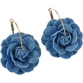 Big Denim Camellia Flower Statement Hoop Earrings for Women Girls Blue Blossom Gold Plated Large Huggie Dangle Drop Earring Fashion Jewelry Gifts Birthday