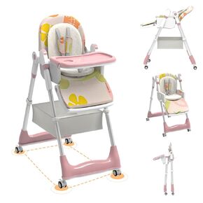 Baby High Chair, High Chairs for Babies and Toddlers with Adjustable Backrest/Footrest/Seat Height,Foldable High Chair with 4 Wheels, Toddler High Chair with Double Removable Tray (Blue)