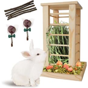 Rabbit Hay Feeder Wooden Bunny Hay Rack Guinea Pig Feeding Manger Standing Rabbits Grass Holder Small Animals Less Waste Food Dispenser for Chinchillas Hamsters Bunnies Gerbil