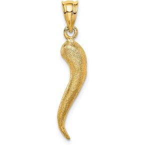 Solid 14k Yellow Gold Brushed 3D Cornicello Italian Horn Protection Pendant Charm