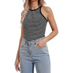 Striped Shirt Women Ribbed Tank Tops for Women High Neck Tops Racerback Sleveless Summer Casual Slim Fitted Tank