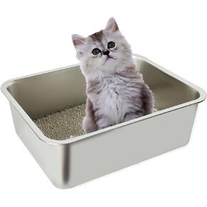 Stainless Steel Litter Box for Kitten, Low Entry Open Metal Litter Pan for Kittens Smooth Surface Litter Pan (17.7" X 13.8" X 3.9")