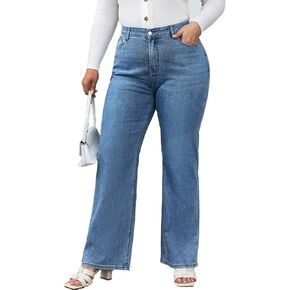 Plus Size Wide Leg Jeans for Women High Waist Deep Blue Jeans Curvy Stretchy Denim Pants