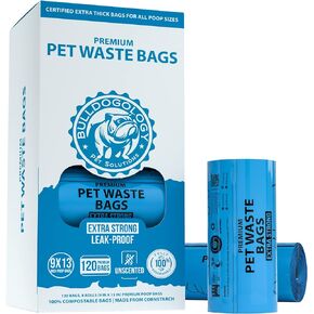 Bulldogology Biodegradable Dog Poop Bags - 120 Count, 8 Rolls, Unscented, Leakproof, Eco-Friendly