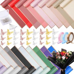 469 قطعة من ورق تغليف الزهور من Oleitodh - ورق باقة زهور مقاوم للماء، شريط من الساتان بطول 60 قدمًا، 36 قطعة من الفراشات ثلاثية الأبعاد 50 قطعة من دبابيس الزهور لهدايا عيد ميلاد الزفاف DIY (19 لونًا) in Kuwait