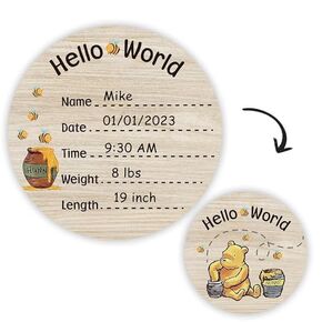 Baby Bear Newborn Baby Birth Announcement Sign, Hello World Newborn Baby Name Sign 6inch Double Sided