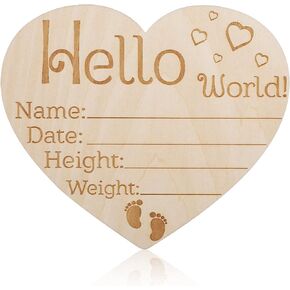 AIEX Wooden Baby Announcement Sign, Love Heart Shaped Hello World Plaque Newborn Baby Birth Sign Board Wooden Newborn Welcome Sign for Hospital Nursery Photo Prop Baby Shower