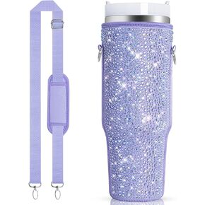 Bling Water Bottle Carrier Bag for Stanley Quencher H2.0 & Adventure 40 oz Tumbler with Handle, Neoprene Water Bottle Holder with Adjustable Strap for Stanley Cup Accessories