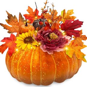 [Timer]11 Inch Thanksgiving Decorations Large Prelit Pumpkin with 10 LED Sunflower Peony 5 Artificial Pumpkins 8 Maple Leaf 3 Berry Stems Battery Operated Thanksgiving Table Decor Fall Decor Home