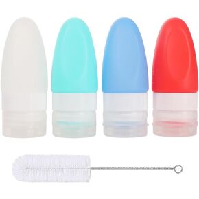 4-Pack 1.3Oz. Squeeze Salad Dressing Bottles with Cleaning Brush | Small Pepper Salad Dressing Container to Go | Portable Sauce Bottle Condiment Bottles | Food-grade Silicone, BPA Free