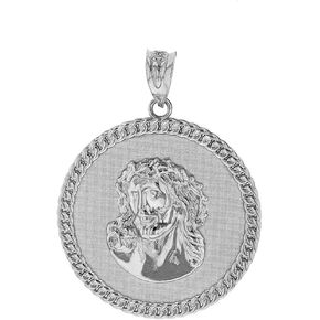 Religious Jewelry Sterling Silver Cuban Link Framed Jesus Face Medallion Pendant