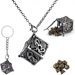 مجموعة نرد صغيرة من QIELIZI مع قلادة نرد مجوفة نحاسية D20 حافظة نرد عتيقة صغيرة معدنية صغيرة DND مجموعة نرد D&D سلسلة مفاتيح محمولة 7 قطع مجموعة نرد (4 برونزية/برونزية) in Kuwait