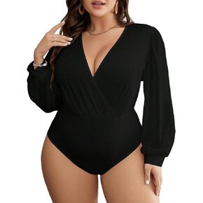 SOLY HUX Women's Plus Size Bodysuit V Neck Bishop Long Sleeve Wrap Bodysuit Tops