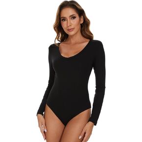 SHAPERIN V Neck Bodysuits for Women Short Long Sleeve Body-Hugging Body Suit Basic Bodysuit T Shirt Tops