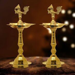 SATVIK 10.3 Inch Standing Brass Peacock Design Kerala Samai Deepak Puja Traditional Panchmahal Pooja Deepam Diya Oil Lamp Kutthu Vilakku Dia Deepawali Indian Housewarming Return Gift Item (Pack of 1)