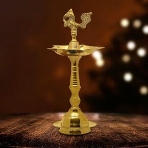 SATVIK 10.3 Inch Standing Brass Peacock Design Kerala Samai Deepak Puja Traditional Panchmahal Pooja Deepam Diya Oil Lamp Kutthu Vilakku Dia Deepawali Indian Housewarming Return Gift Item (Pack of 1)