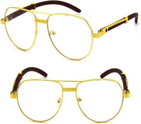 For Men's Gold Color Wood Effect Metal Frames Vintage Style Retro Eye Clear Lens Glasses in Kuwait