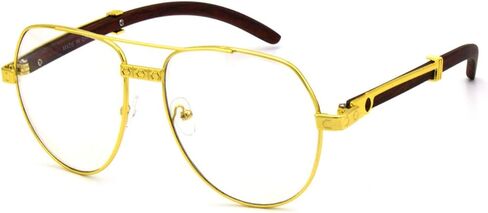 For Men's Gold Color Wood Effect Metal Frames Vintage Style Retro Eye Clear Lens Glasses in Kuwait