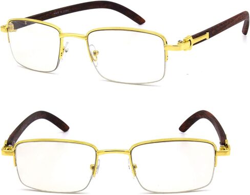 For Men's Gold Color Wood Effect Metal Frames Vintage Style Retro Eye Clear Lens Glasses in Saudi Arabia
