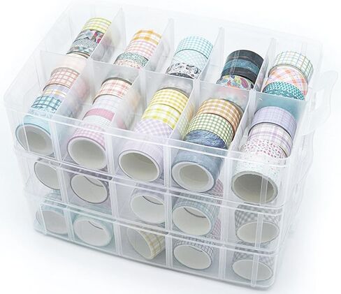 Adjustable Washi Tape Box, Stackable Craft Storage, with 30 Compartments, Arts and Craft, Ribbons Finger Safty Dispenser (Blue) in Saudi Arabia