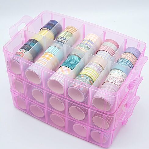 Adjustable Washi Tape Box, Stackable Craft Storage, with 30 Compartments, Arts and Craft, Ribbons Finger Safty Dispenser (Blue) in Saudi Arabia