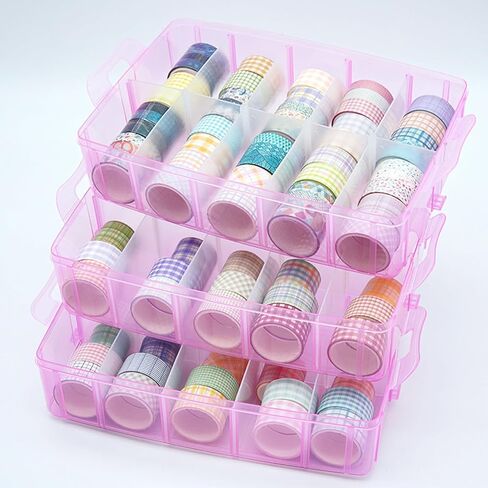 Adjustable Washi Tape Box, Stackable Craft Storage, with 30 Compartments, Arts and Craft, Ribbons Finger Safty Dispenser (Blue) in Saudi Arabia