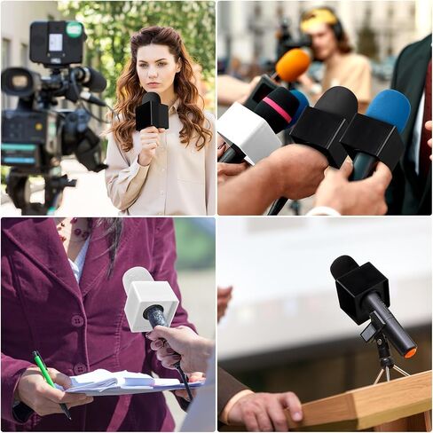 10 Pcs Microphone Flag Station Portable Square Cube ABS Foam Mic Flag Logo Studio Equipment Microphone Accessories for Reporter Host Interview (White, Black) in Kuwait