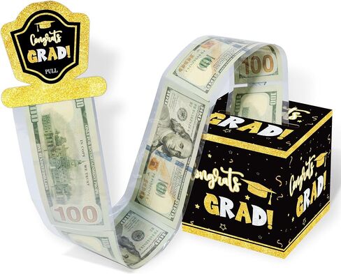 صندوق نقود التخرج، صندوق نقود التخرج للهدايا النقدية، صندوق هدايا مفاجئ مع بطاقة سحب و50 كيسًا بلاستيكيًا، طريقة مبتكرة لتقديم الهدايا النقدية، لوازم حفلات هدايا التخرج باللون الأسود والذهبي-1 in Kuwait