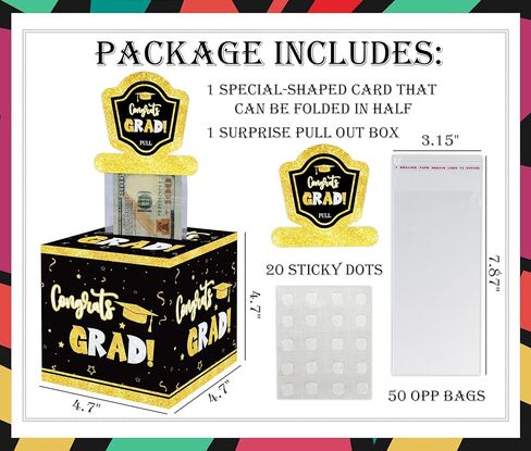 صندوق نقود التخرج، صندوق نقود التخرج للهدايا النقدية، صندوق هدايا مفاجئ مع بطاقة سحب و50 كيسًا بلاستيكيًا، طريقة مبتكرة لتقديم الهدايا النقدية، لوازم حفلات هدايا التخرج باللون الأسود والذهبي-1 in Kuwait